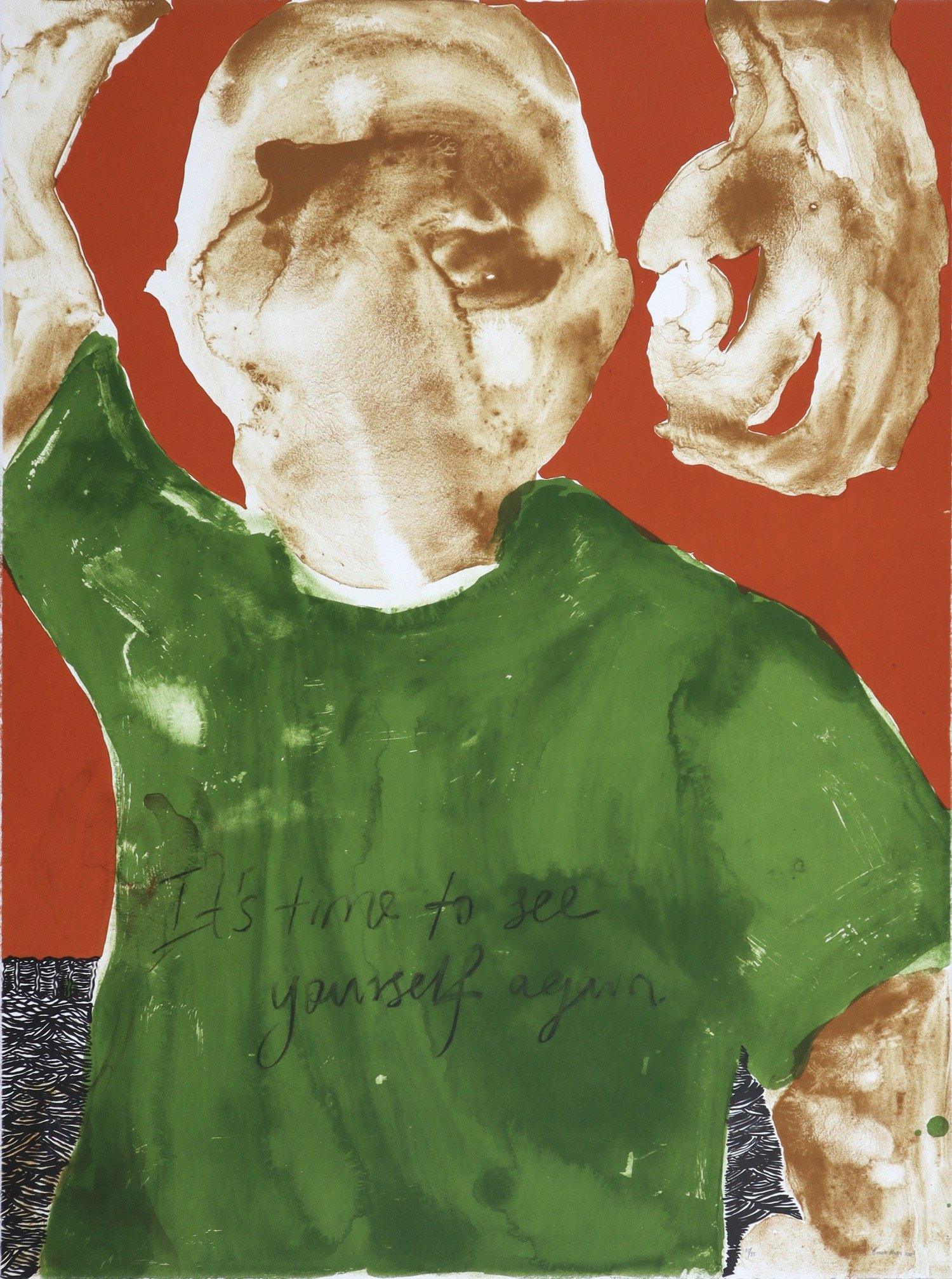Banele Khoza colour lithograph of mans head and torso wearing green t-shirt