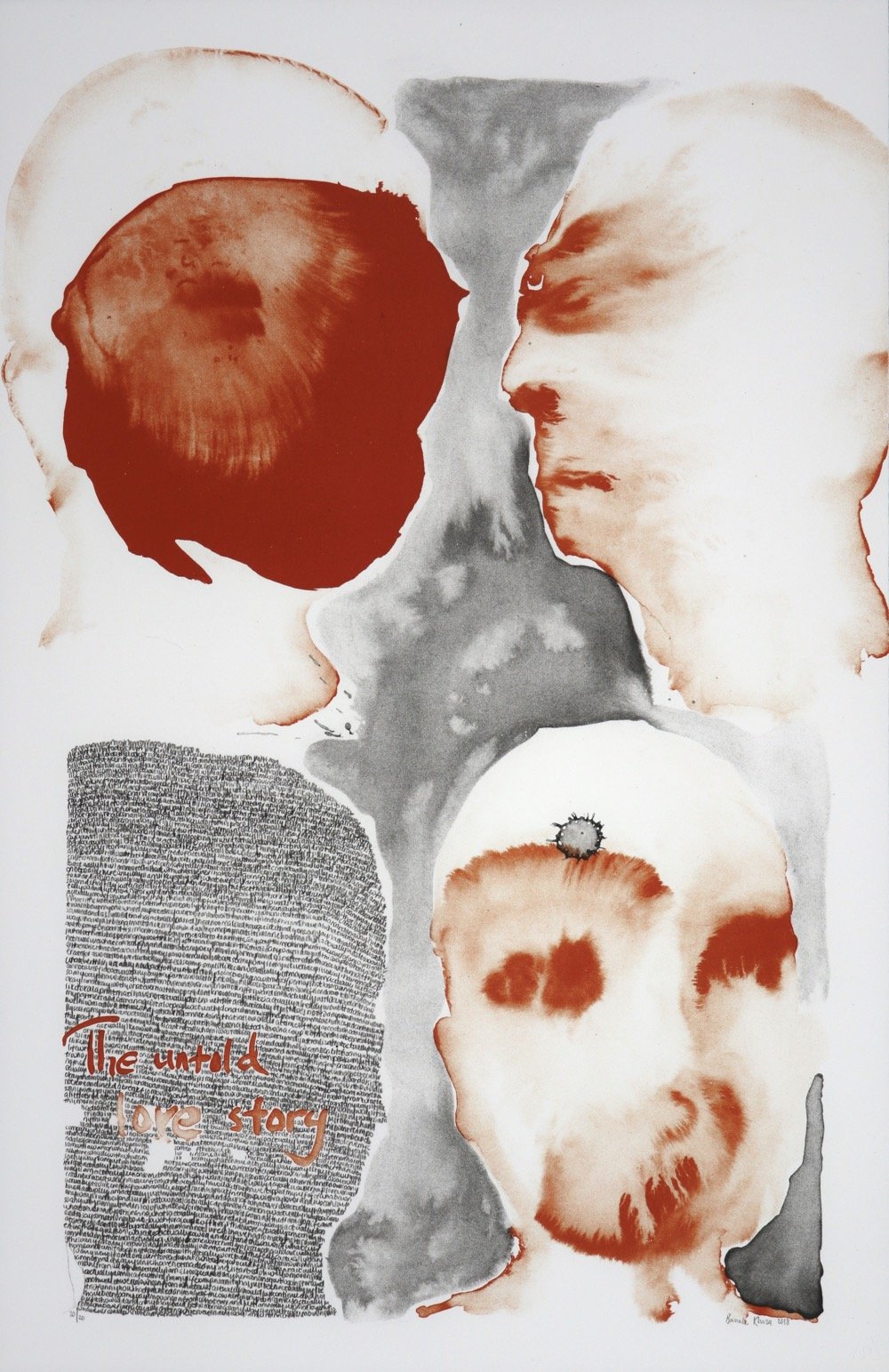 four human heads loosely painted in burnt orange and black, one head filled with handwriting