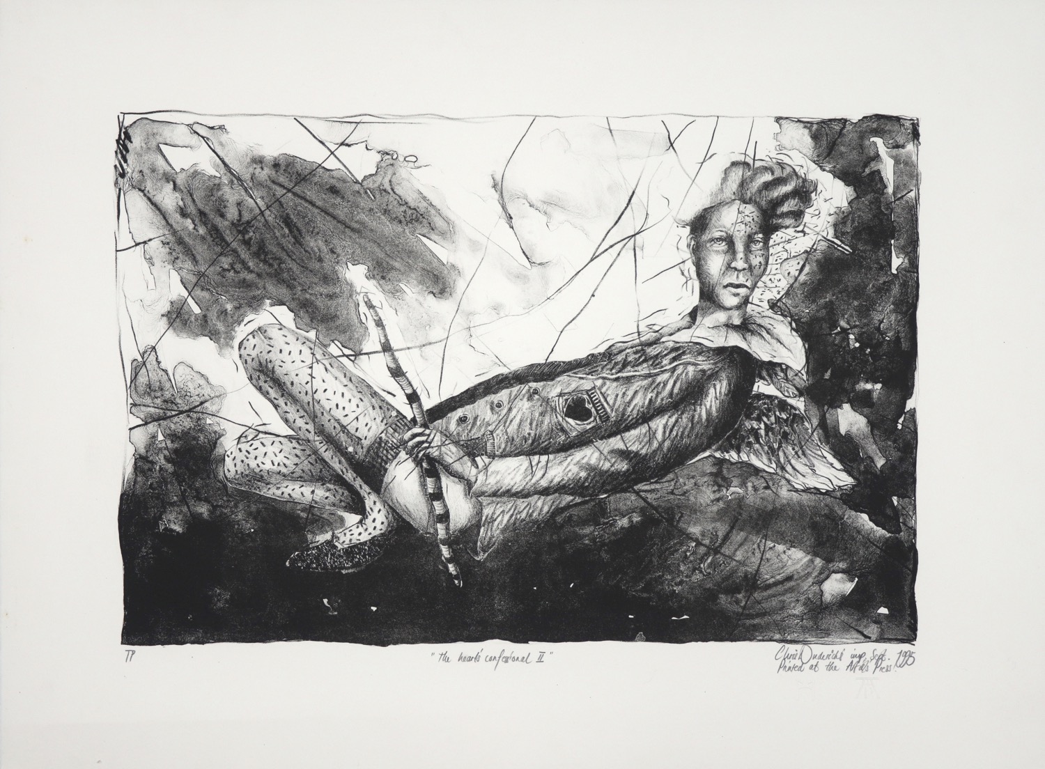 Black and white print of a reclining figure with head turned towards viewer holding a stripped stick.