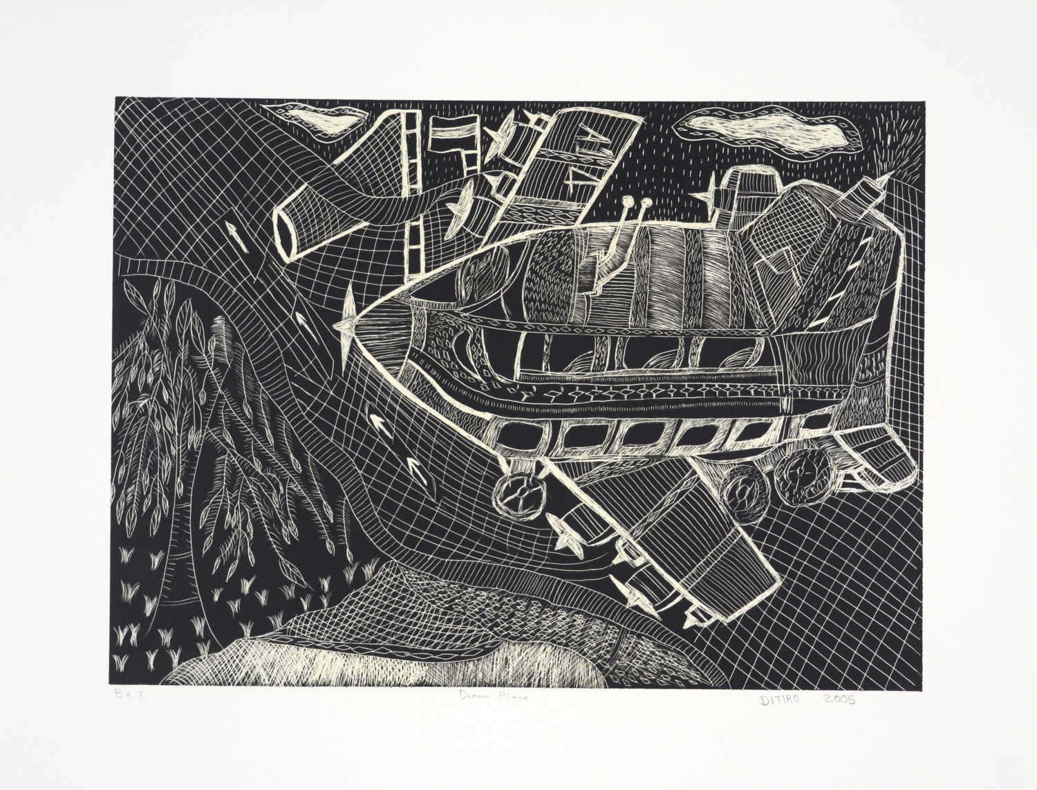 Scratch litho of a small imaginary aeroplane seen from above with landscape below.