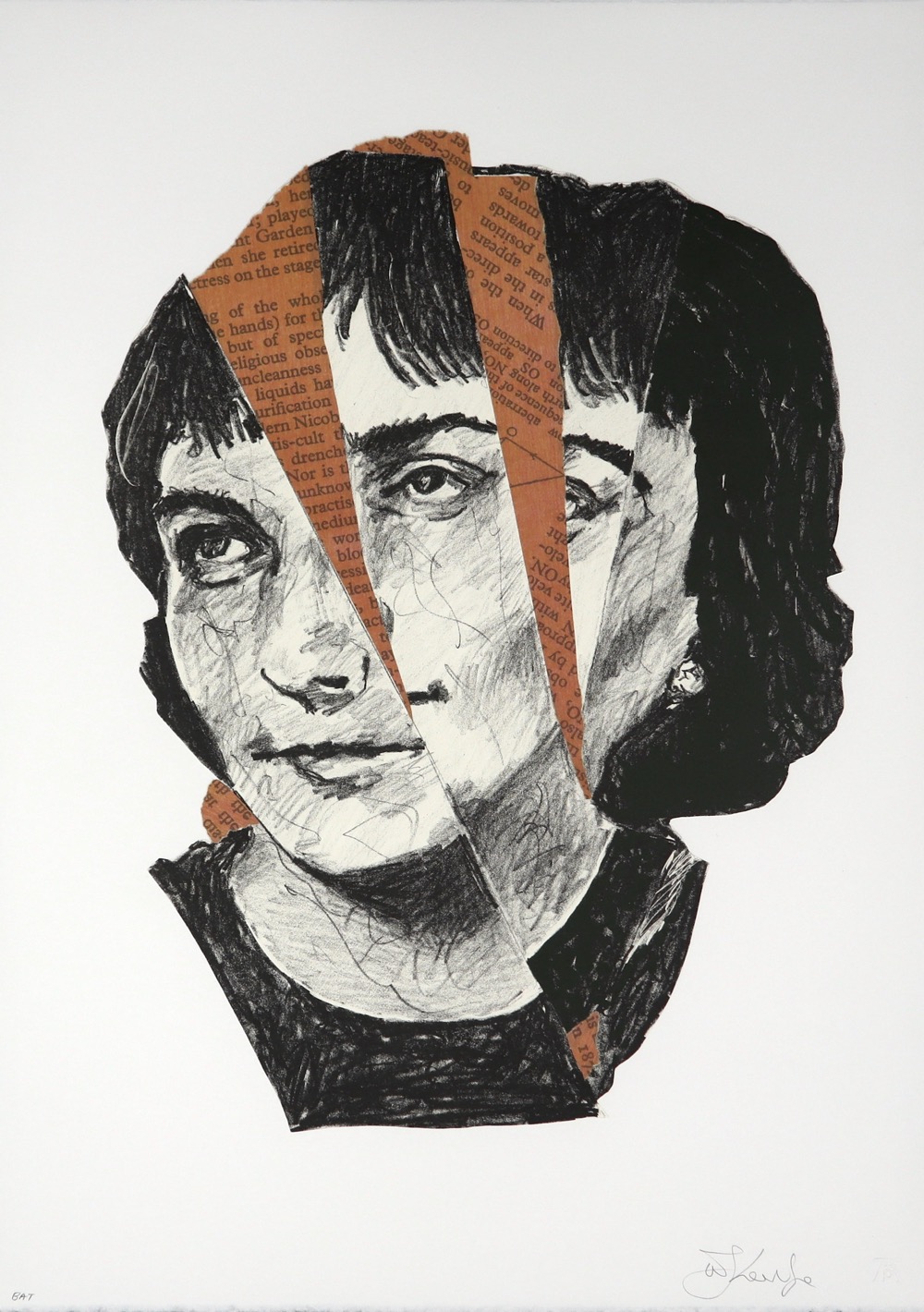 Portrait of Elmira Nazirova by William Kentridge with head split into three sections using red text collaged strips hand printed